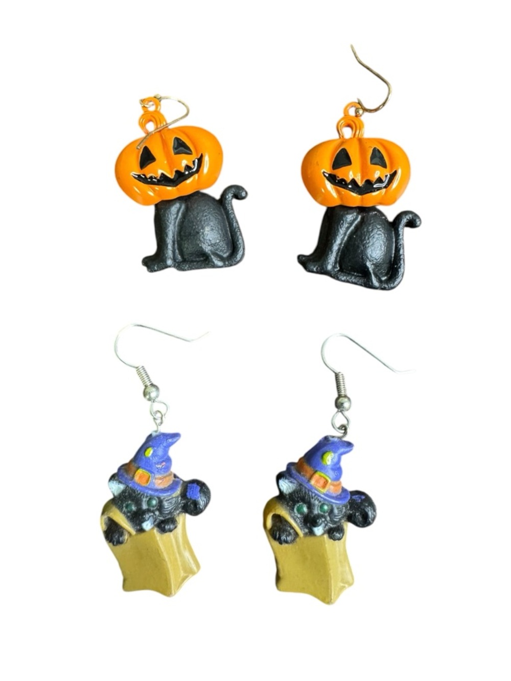 Orange Black Pumpkin Cat and Purple Witch Hat Earrings - Cats in Costume Bundle